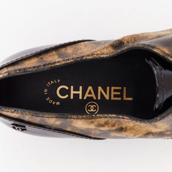CHANEL 2018 Runway Forest Fairies black gold pointed square toe CC oxford EU38.5 - Picture 10 of 10